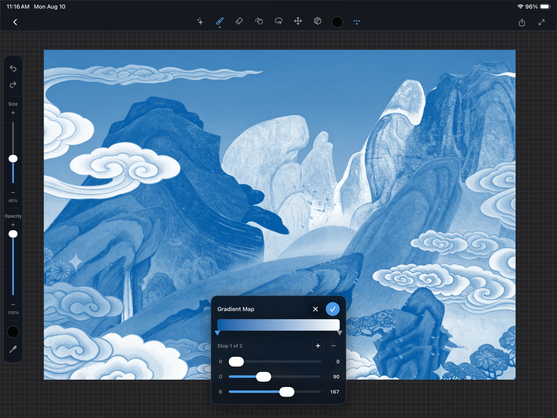 Scenius Gradient Map adjustment recoloring a landscape in real time on iPad.