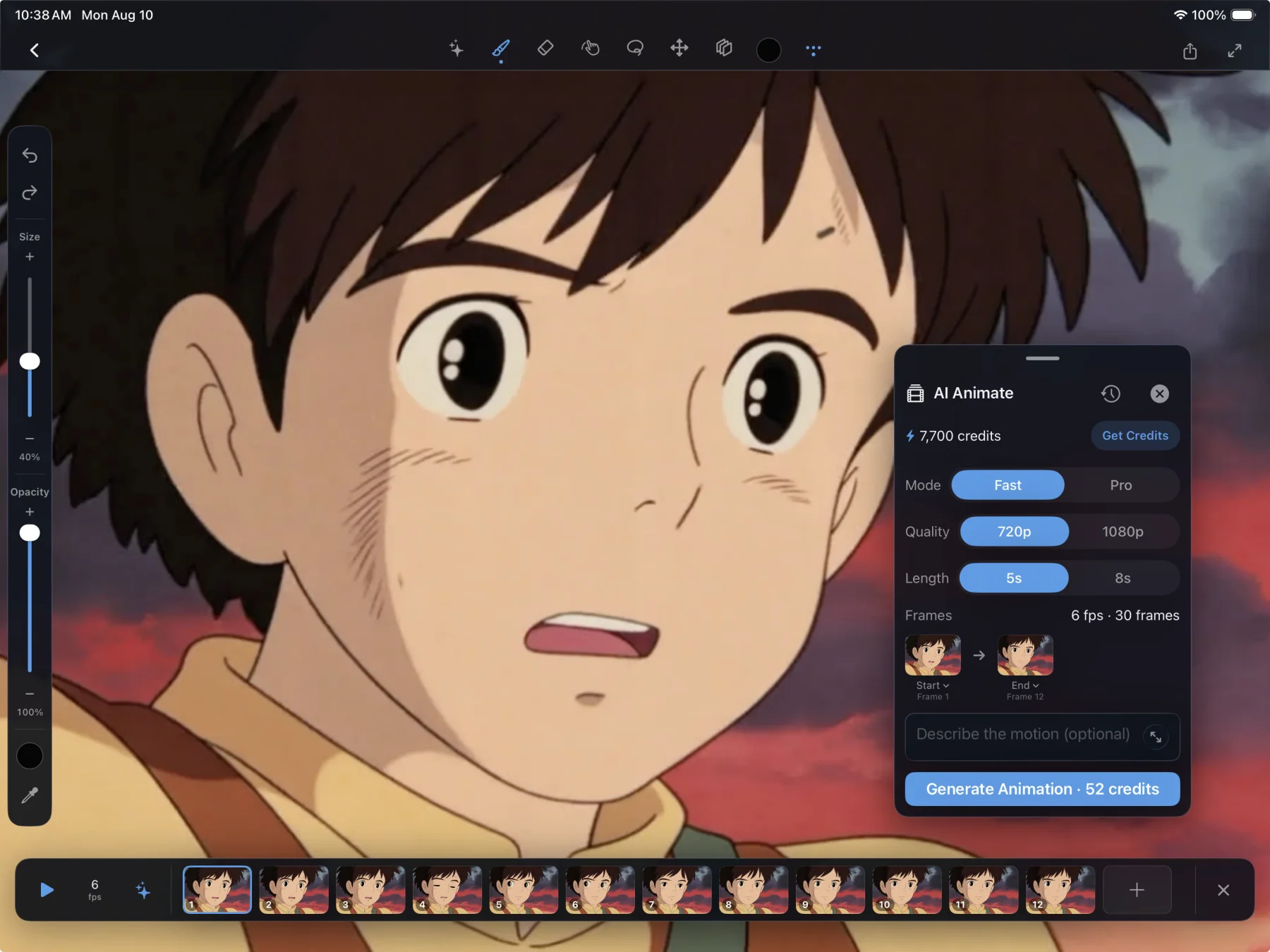 Scenius animation timeline and AI Animate panel on a landscape iPad.