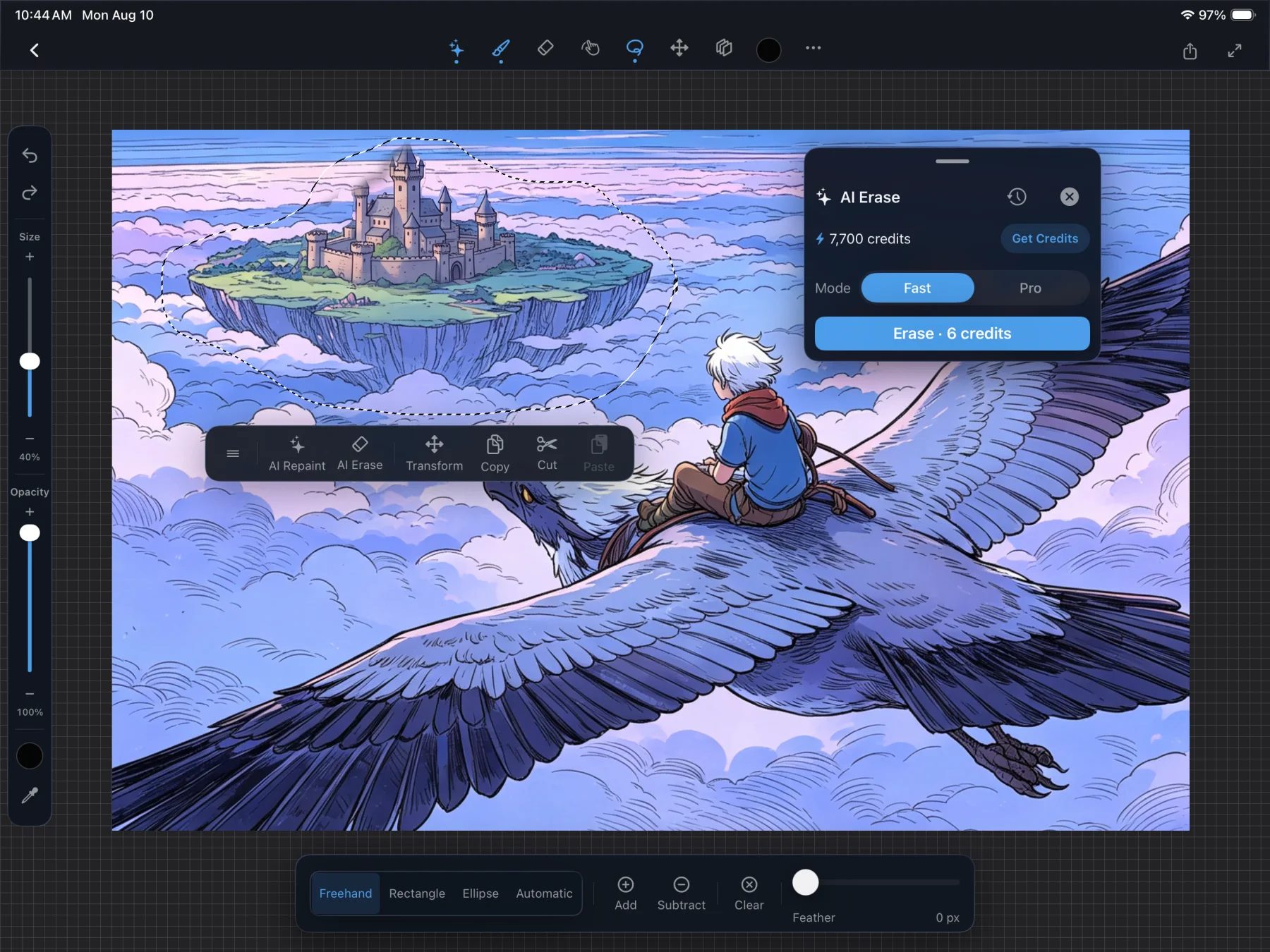 AI Erase in Scenius removing a selected castle from a fantasy illustration on iPad.