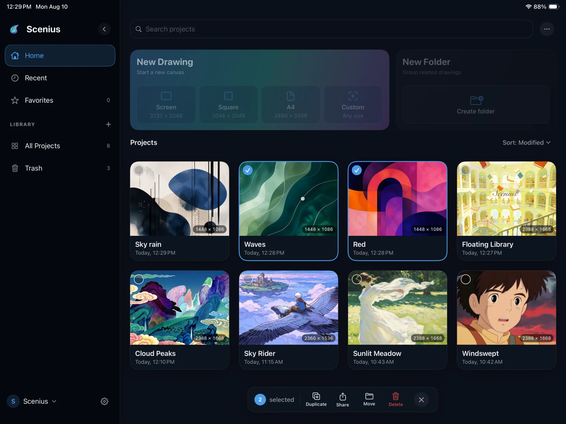 The Scenius project gallery on a landscape iPad, with folders, favorites, search, sorting and artwork thumbnails.