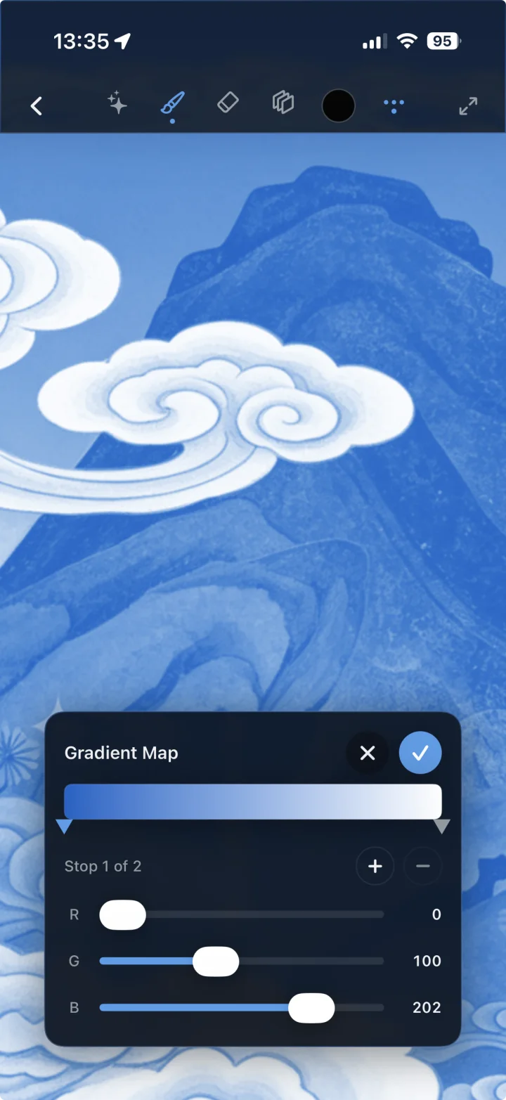 Gradient Map adjustment running in Scenius on iPhone.