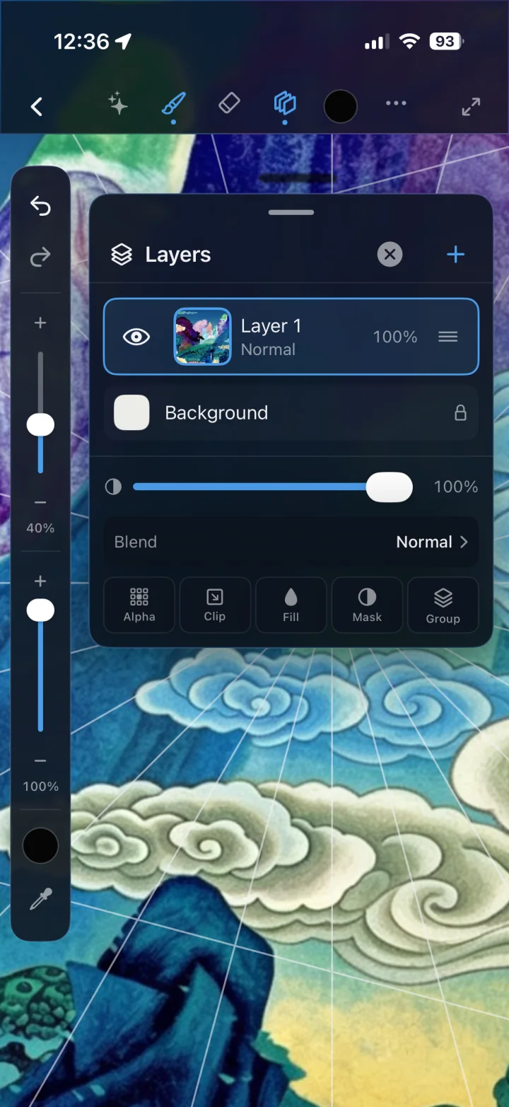 Scenius layers panel and perspective drawing guide on iPhone.
