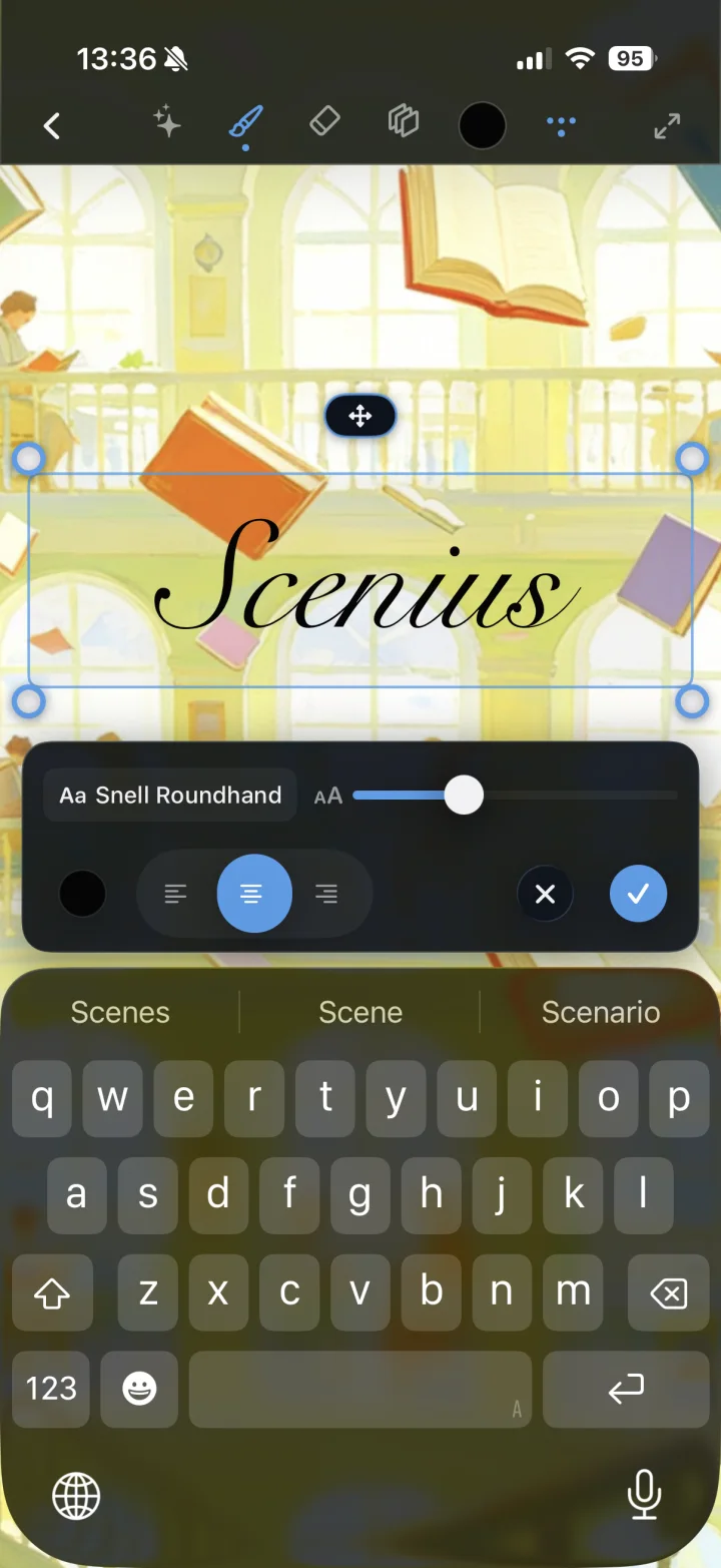 Editing text directly on a drawing in Scenius on iPhone.