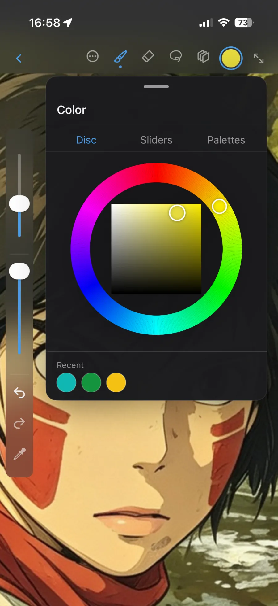 Scenius on iPhone: the color disc open over an anime-style portrait illustration.