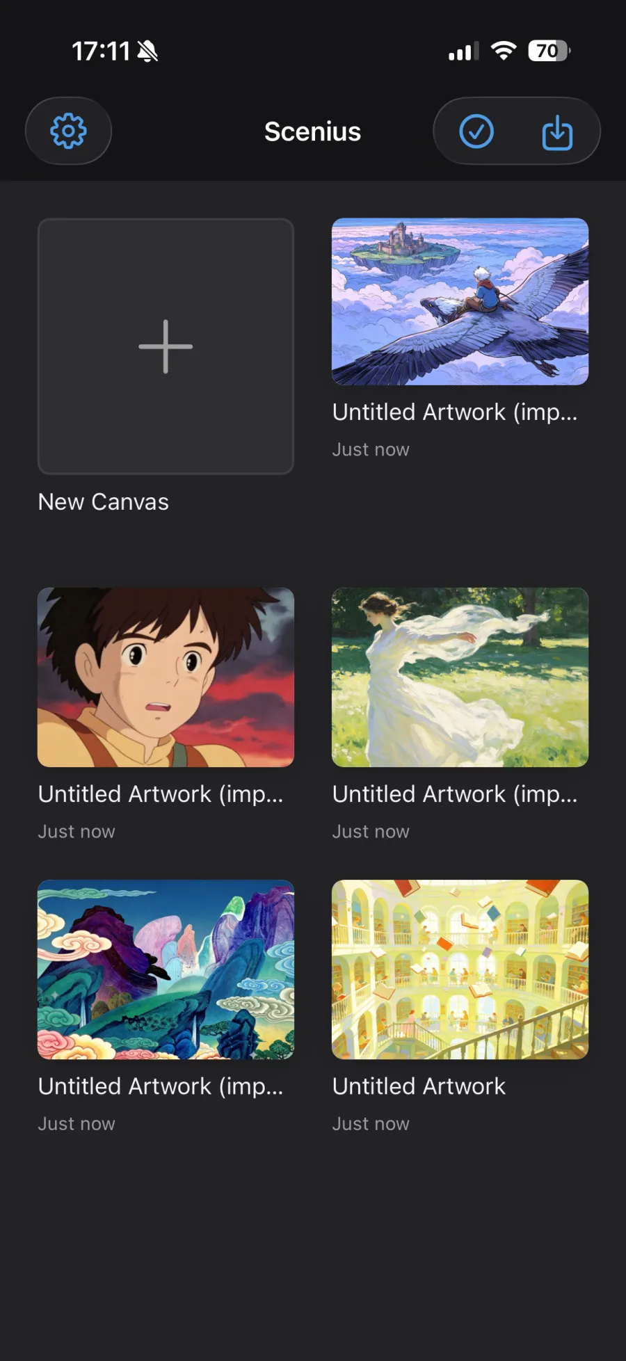 Scenius gallery on iPhone showing a grid of imported and created artworks.