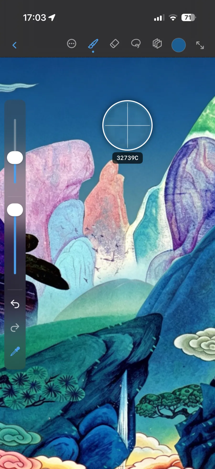 Scenius on iPhone: eyedropper sampling color 32739C over a colorful surreal mountain landscape.