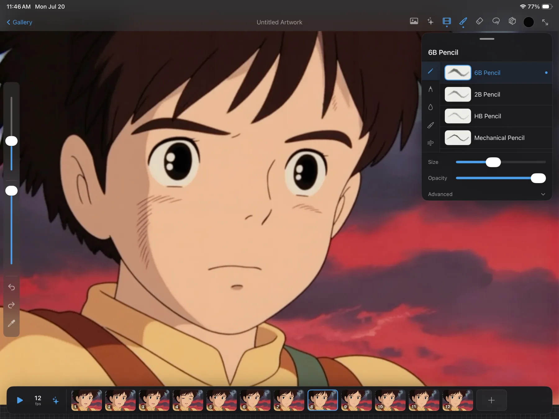 Scenius animation timeline on iPad: twelve frames of an anime boy along the bottom filmstrip at 12 fps with onion skinning.