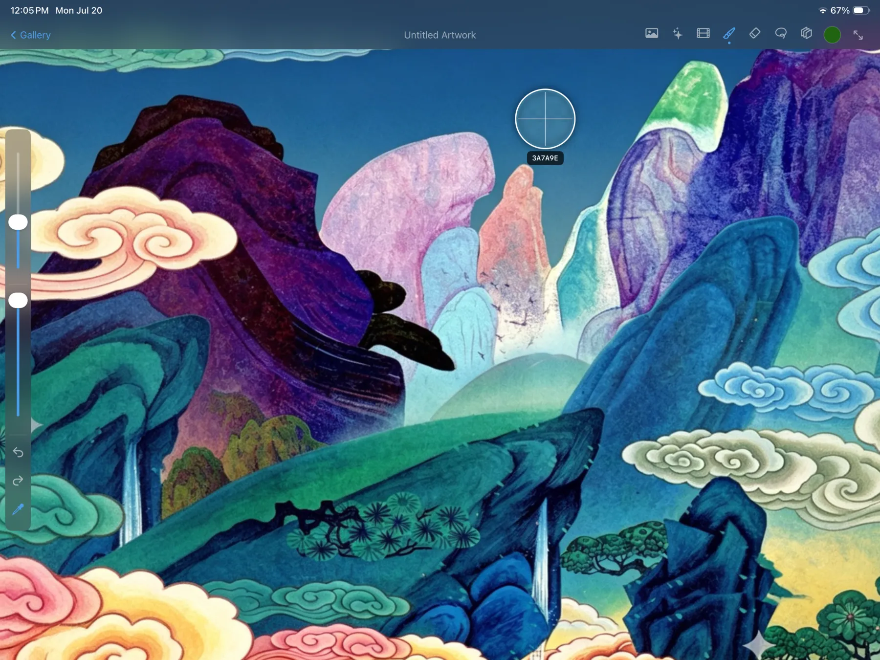 Scenius on iPad using the eyedropper with a live hex readout of 3A7A9E over a vivid surreal mountain landscape.