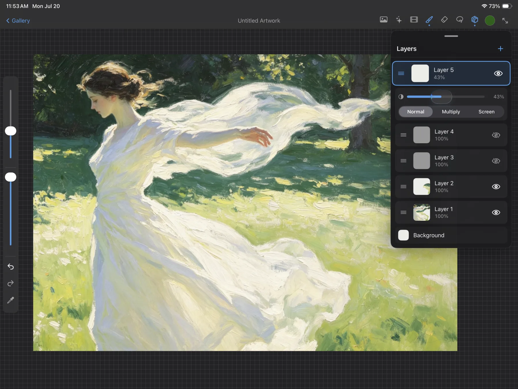 Scenius layers panel on iPad over an impressionist painting, showing five layers with opacity and Normal, Multiply and Screen blend modes.