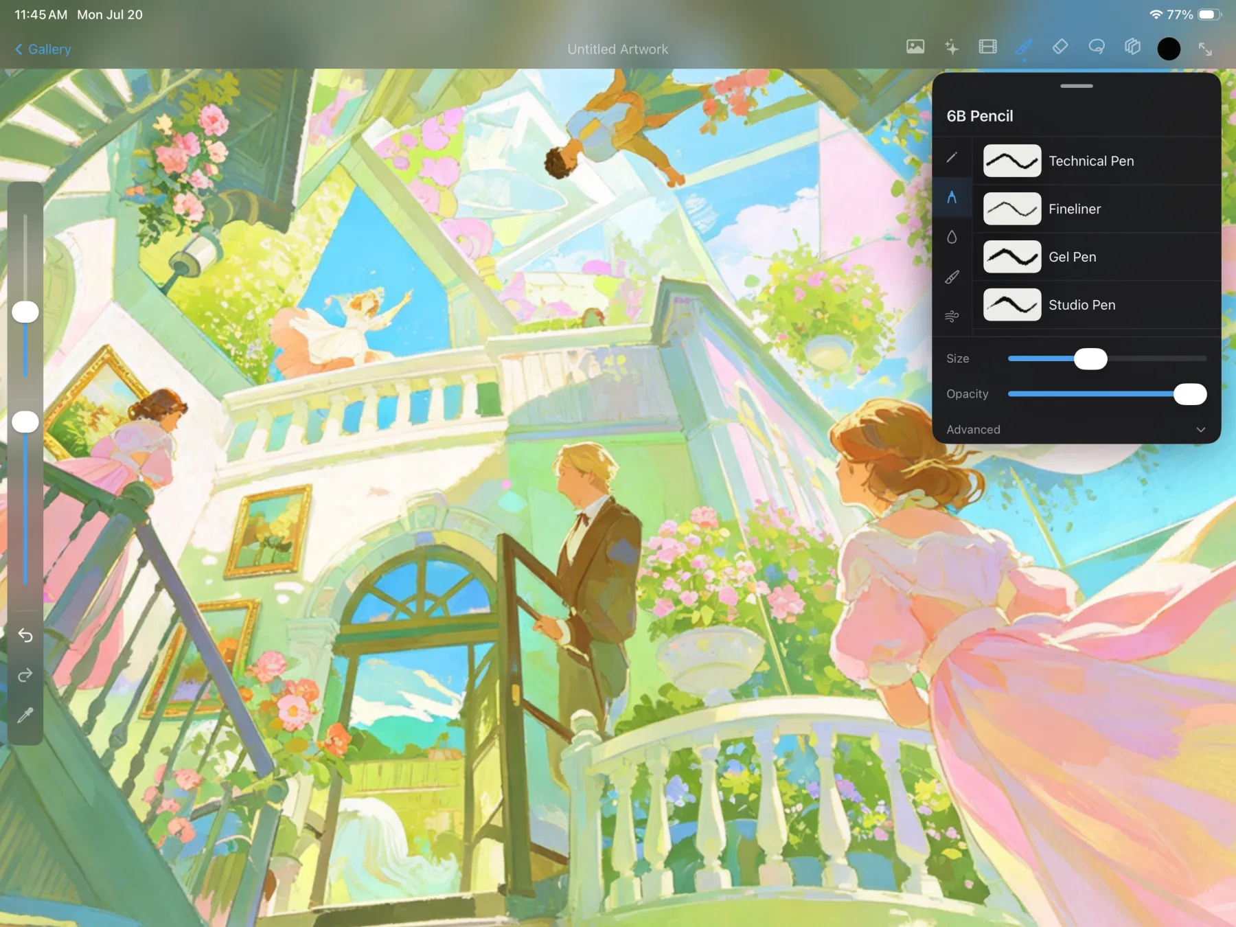 Scenius brush studio on iPad showing the 6B Pencil selection with Technical Pen, Fineliner, Gel Pen and Studio Pen, over a pastel Ghibli-style garden illustration.
